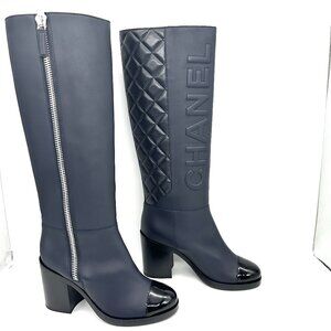 CHANEL 19B Calfskin Leather Signature Logo Knee High Tall Boots Heels